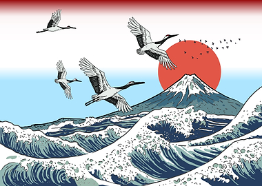 Japanese Cranes Over Mount Fuji