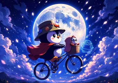 Penguins Flying on Bicycle Under Moon