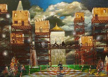 Surreal Landscape with Elevated Adobe Structures