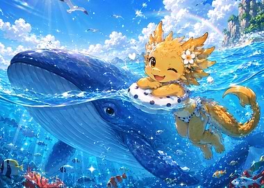 Cute Dragon Girl Swimming with Whale