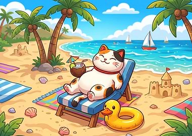 Cute Calico Cat Relaxing on Beach