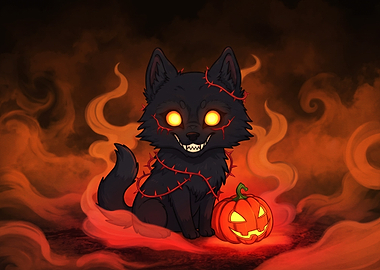 Chibi Halloween Black Wolf with Pumpkin