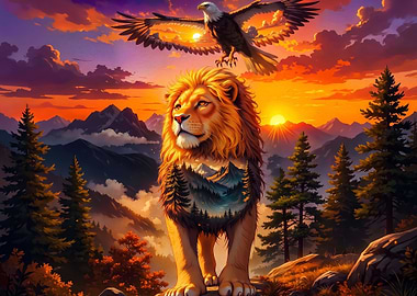 Majestic Lion and Eagle Sunset Landscape