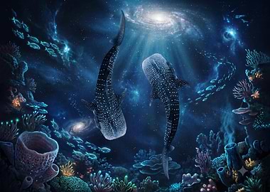 Whale Sharks Swimming in Cosmic Ocean
