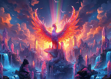 Majestic Phoenix Rising Over Crystal Landscape