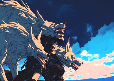 Anime Girl with Three Spectral Wolves