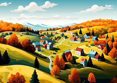 Autumn Village Landscape Illustration