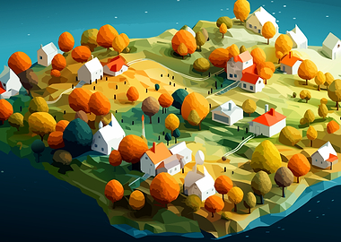 Low Poly Autumn Village Landscape
