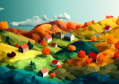 Low Poly Autumn Landscape Village