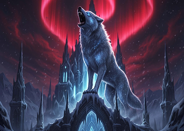Cosmic Wolf Howling at Red Aurora