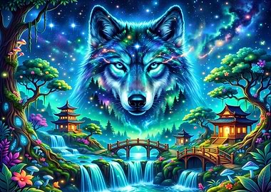 Celestial Wolf Over Mystical Asian Landscape