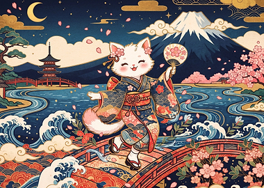 Cute Cat in Kimono by Fuji