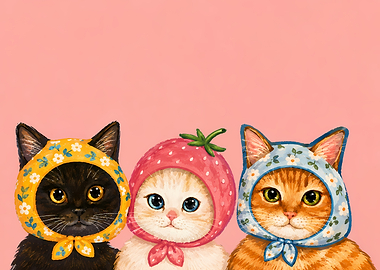 Three Cute Cats in Bonnets
