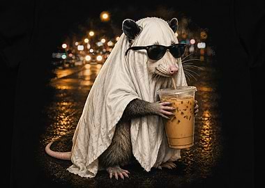 Cool Opossum Ghost Drinking Iced Coffee