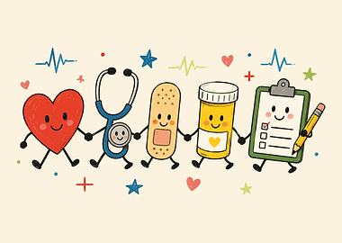 Cute Medical Characters Holding Hands