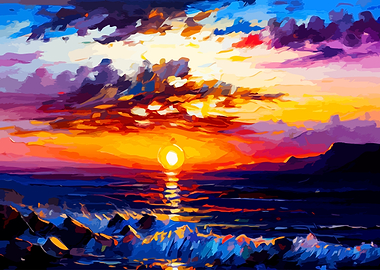 Vibrant Impressionist Sunset Over Ocean