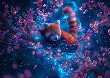 Magical Red Panda in Cherry Blossoms