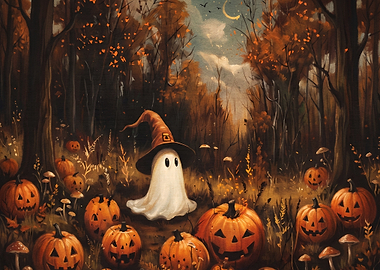 Cute Ghost in Pumpkin Patch
