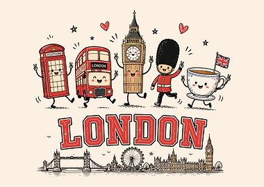 London Icons Doodle Art – Cute British City Skyline Wall Art Poster