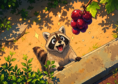 Excited Raccoon Reaching for Grapes