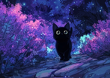 Cute Black Cat in Magical Forest