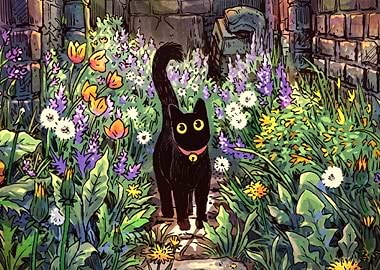 Black Cat in a Flower Garden