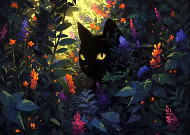 Black Cat Hidden in Colorful Garden