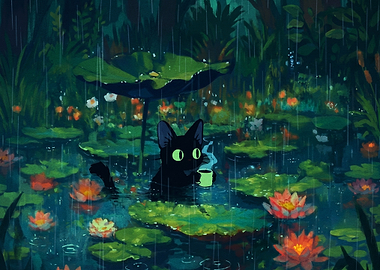 Black Cat Drinking Tea in Rain