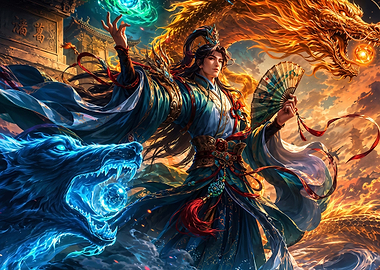 Fantasy Warrior with Dragon and Wolf