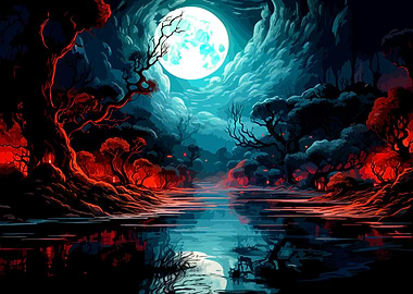 Eerie Red Forest Under Full Moon