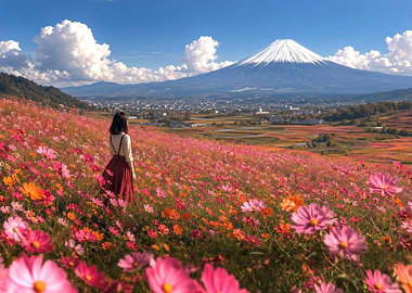 Woman in Cosmos Field Near Fuji