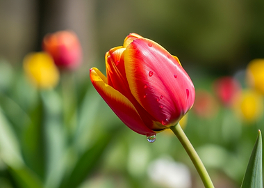 Red and Yellow Tulip with Dew