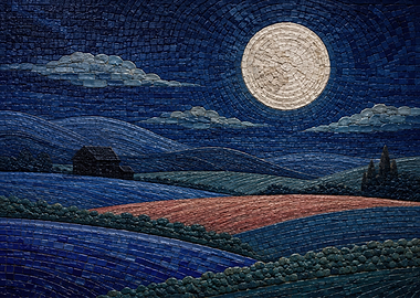 Mosaic Landscape Under Full Moon