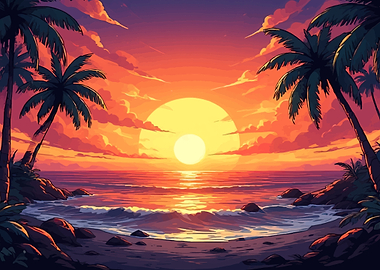Vibrant Tropical Sunset Beach Scene