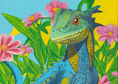 Colorful Lizard Among Pink Flowers