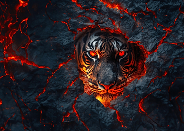 Fiery Tiger Emerging from Lava Rock