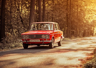 Vintage Red Lada on Forest Road