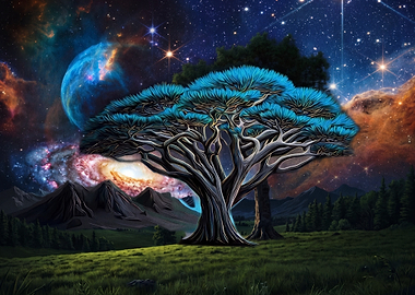 Cosmic Tree in Surreal Landscape