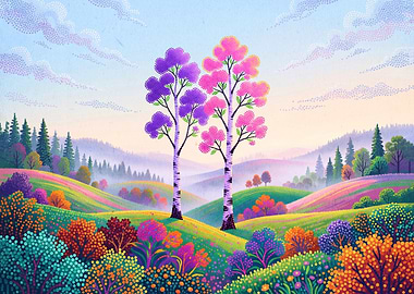 Vibrant Pointillist Landscape with Two Trees