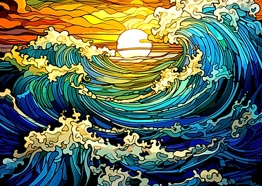 Stained Glass Style Ocean Wave
