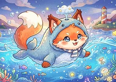Cute Fox Whale Hybrid Illustration