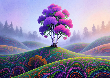 Vibrant Pointillist Landscape with Birch Tree