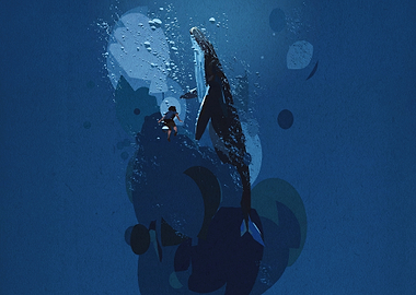Diver Swimming with Humpback Whale