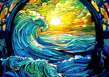 Stained Glass Ocean Wave Sunset