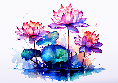 Vibrant Watercolor Lotus Flower Illustration