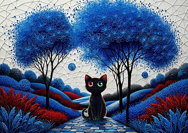 Whimsical Black Cat in Blue Forest