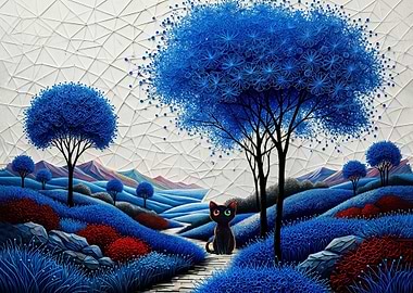 Black Cat in Blue Fantasy Landscape