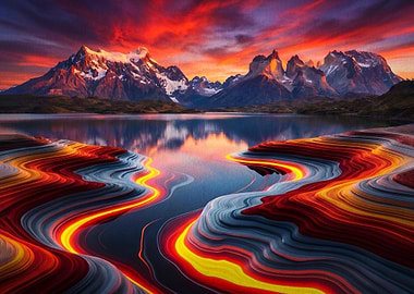 Surreal Mountain Landscape with Flowing Colors