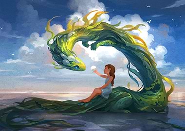 Girl and Sea Dragon Fantasy Art