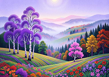 Vibrant Colorful Landscape with Purple Trees